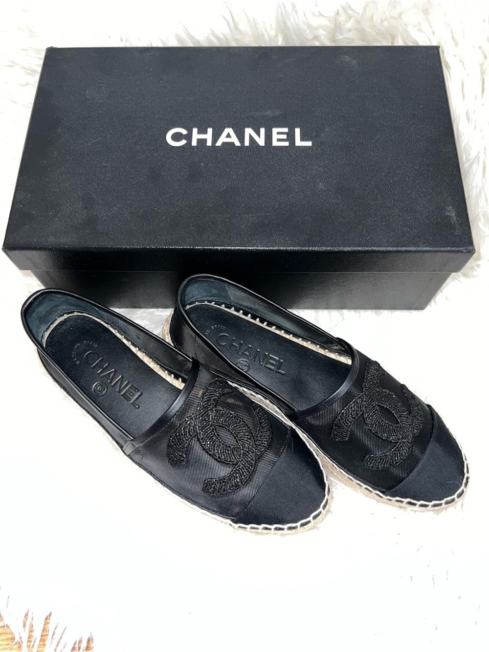 CHANEL Black Mesh Espadrille Slip-Ons with Embroidered CC - Picture 9 of 13